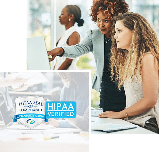 HIPAA Seal of Compliance Over Women Working on Computer - HIPAA Vault