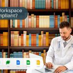 Medical Professionals Working on Laptop with Bookshelf Background and Words "Is Google Workspace HIPAA Compliant?"