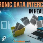 Image visually represents "Electronic Data Interchange (EDI) in Healthcare," showing the digital transfer of healthcare documents between systems with a focus on HIPAA compliance