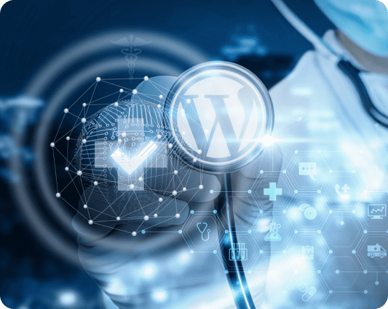 This image shows a visual representation of healthcare and technology integration, featuring a stethoscope over the WordPress logo