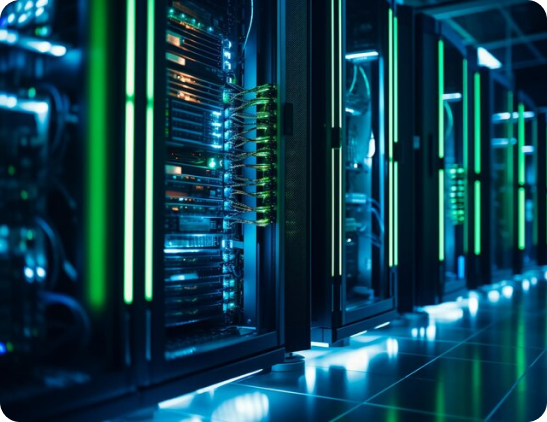 Image shows a dimly lit server room with rows of server racks